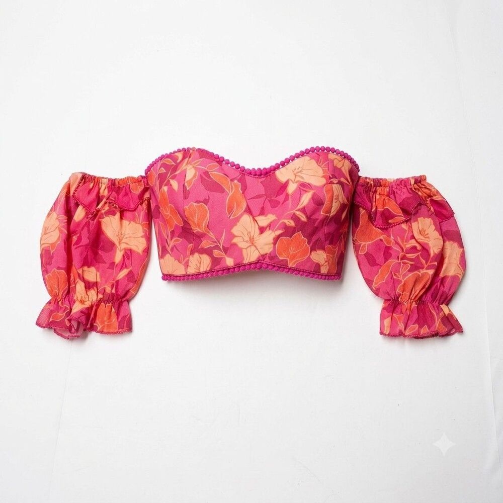 Showpo Pink Floral Off The Shoulder Crop Top Pom Pom Trim Size 2 Small NWOT
